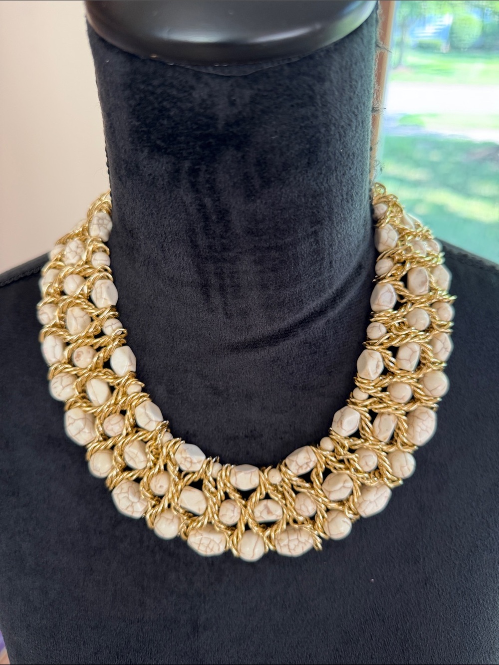 White Natural Howlite and Gold-Tone Statement Collar Necklace